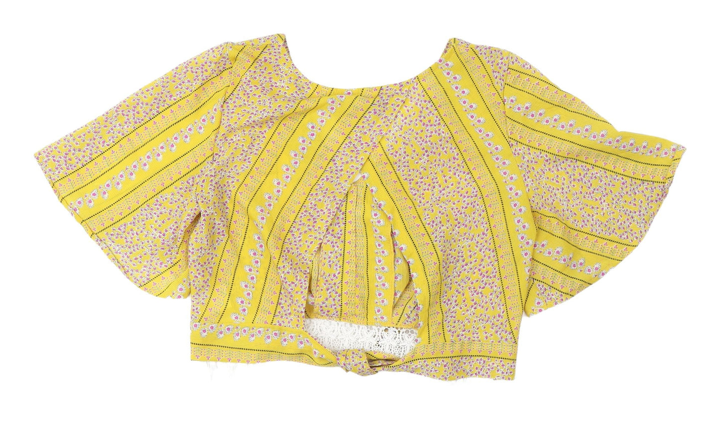 TEMT Women's Yellow Floral Bohemian Cropped Blouse