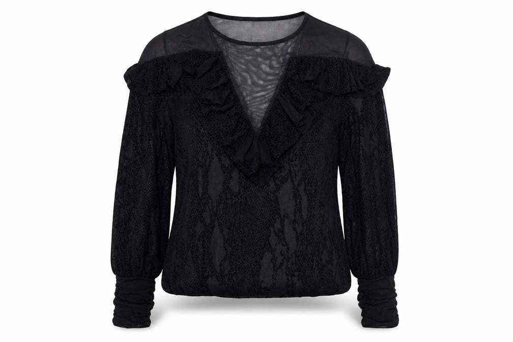 Gestuz Women's Black Mesh Blouse - Size S, Long Sleeve
