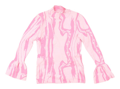 Additional front view of River Island Pink Geometric High Neck Blouse, size 8
