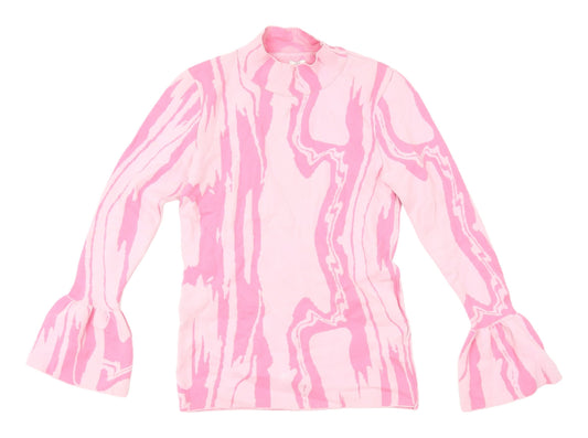 River Island Pink Geometric High Neck Blouse, Size 8