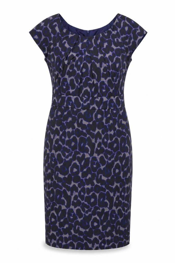 Kaliko Women's Blue Leopard Print Sheath Dress, Size 14