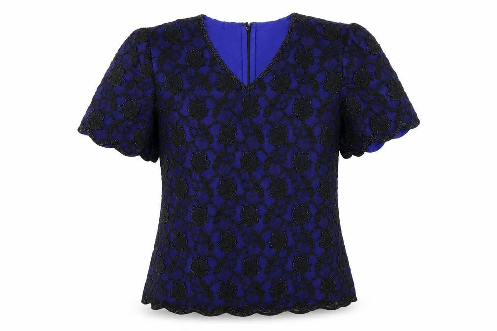 Kaleidoscope Women's Blue Beaded Lace Blouse, Size 12