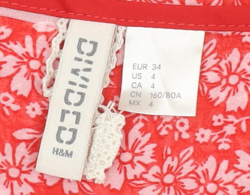 H&M Red Floral Blouse, Women's Size 6, Summer Chic