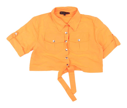 Additional front view of Rising Orange Cropped Button-Up Shirt, size L