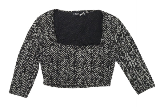 Luna Love Black Cropped Herringbone Blouse Size 10 Women