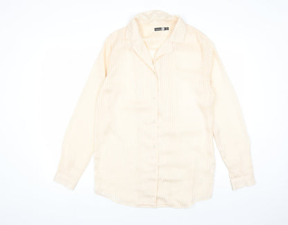 Boohoo Womens Beige Striped Polyester Basic Button-Up Size 6 Collared
