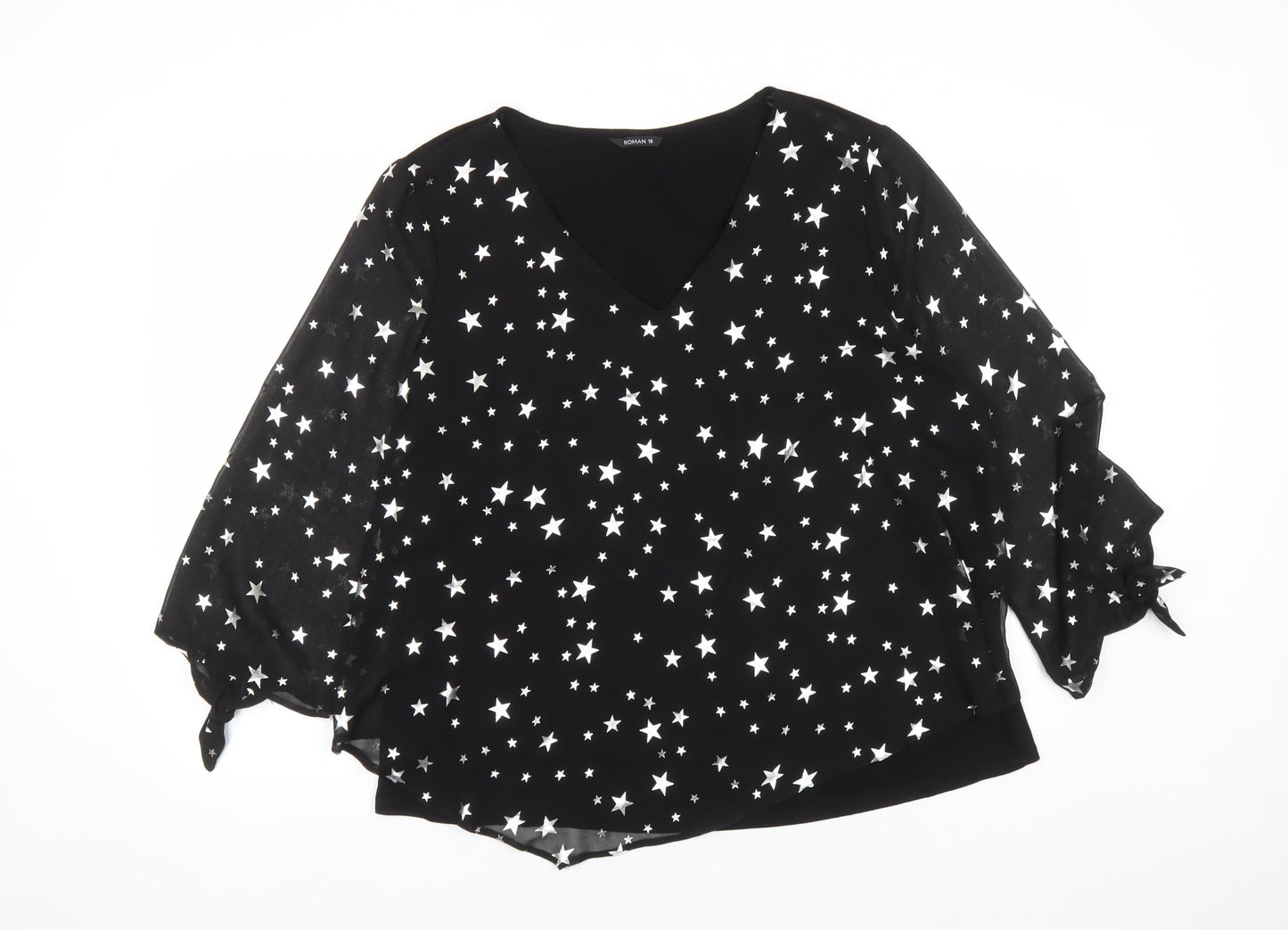 Roman Womens Black Geometric Polyester Basic Blouse Size 18 V-Neck - Star Pattern