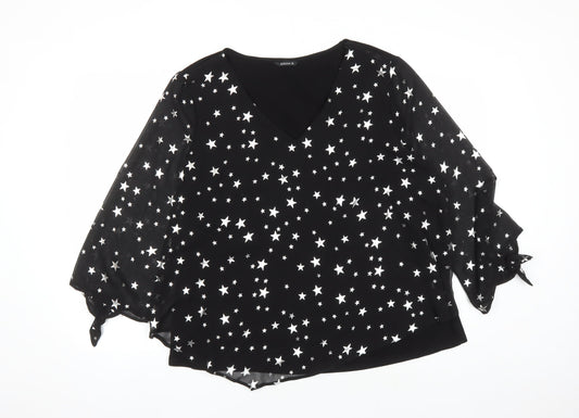 Roman Womens Black Geometric Polyester Basic Blouse Size 18 V-Neck - Star Pattern