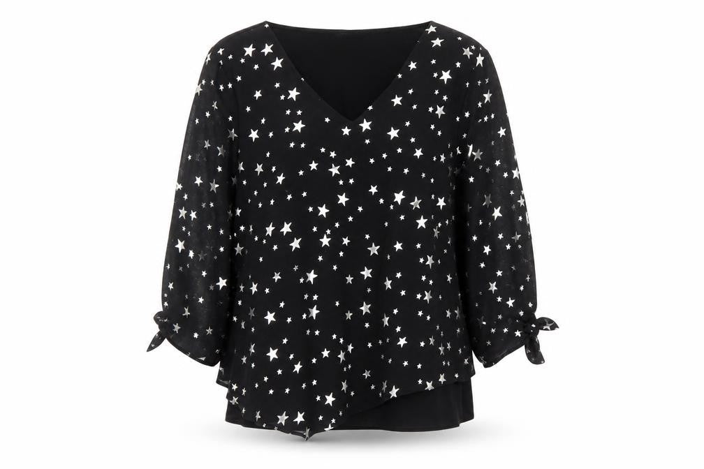 Roman Womens Black Geometric Polyester Basic Blouse Size 18 V-Neck - Star Pattern