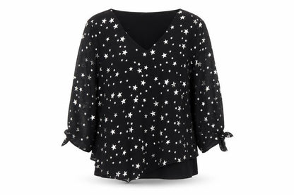 Front view of Roman women’s black geometric polyester basic blouse, size UK 18, v-neck - star pattern