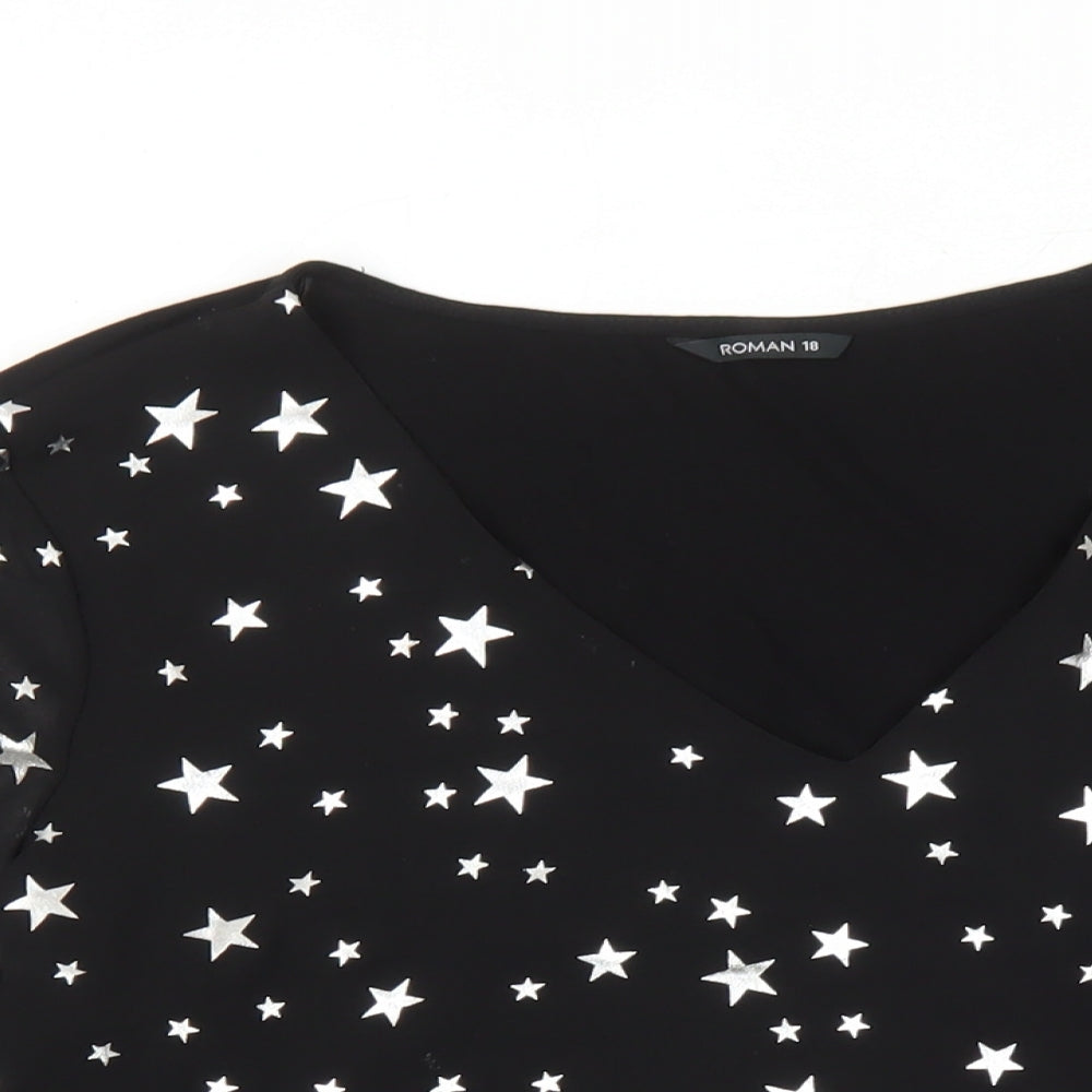 Roman Womens Black Geometric Polyester Basic Blouse Size 18 V-Neck - Star Pattern
