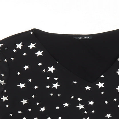 Close-up detail of Roman women’s black geometric polyester basic blouse, size UK 18, v-neck - star pattern