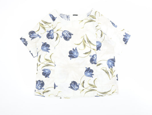 Roman Womens Beige Floral 100% Cotton Basic Blouse Size L Round Neck - Pockets