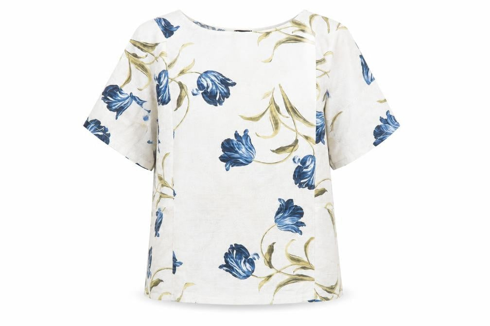Roman Womens Beige Floral 100% Cotton Basic Blouse Size L Round Neck - Pockets