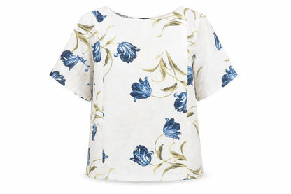 Front view of Roman women’s beige floral 100% cotton basic blouse, size L, round neck - pockets