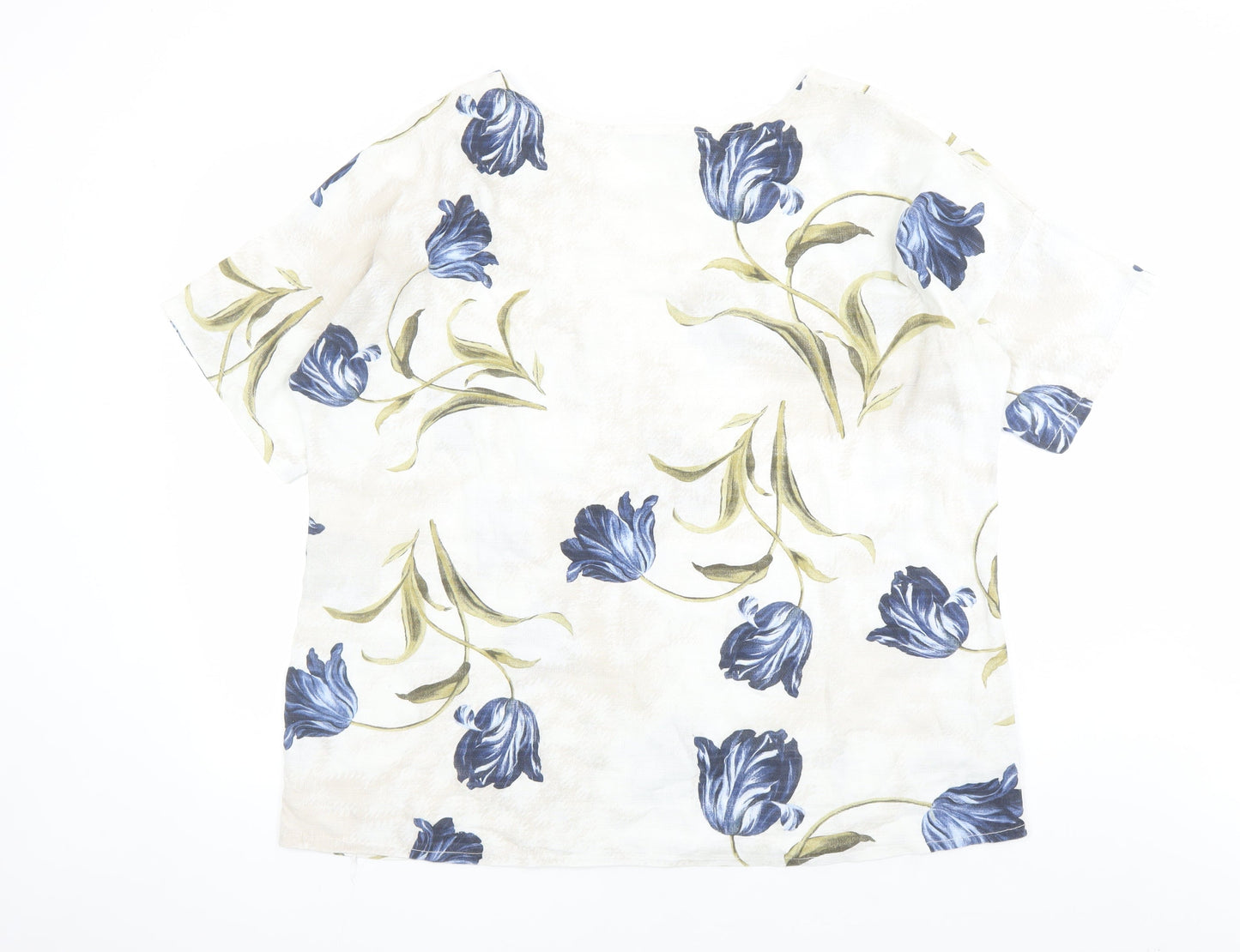 Roman Womens Beige Floral 100% Cotton Basic Blouse Size L Round Neck - Pockets