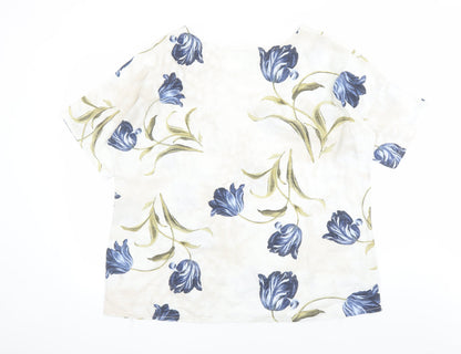 Back view of Roman women’s beige floral 100% cotton basic blouse, size L, round neck - pockets