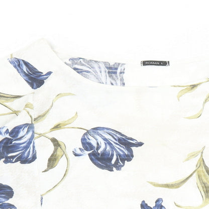 Close-up detail of Roman women’s beige floral 100% cotton basic blouse, size L, round neck - pockets