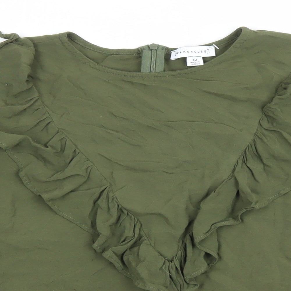 Warehouse Womens Green Viscose Basic Blouse Size 12 Round Neck