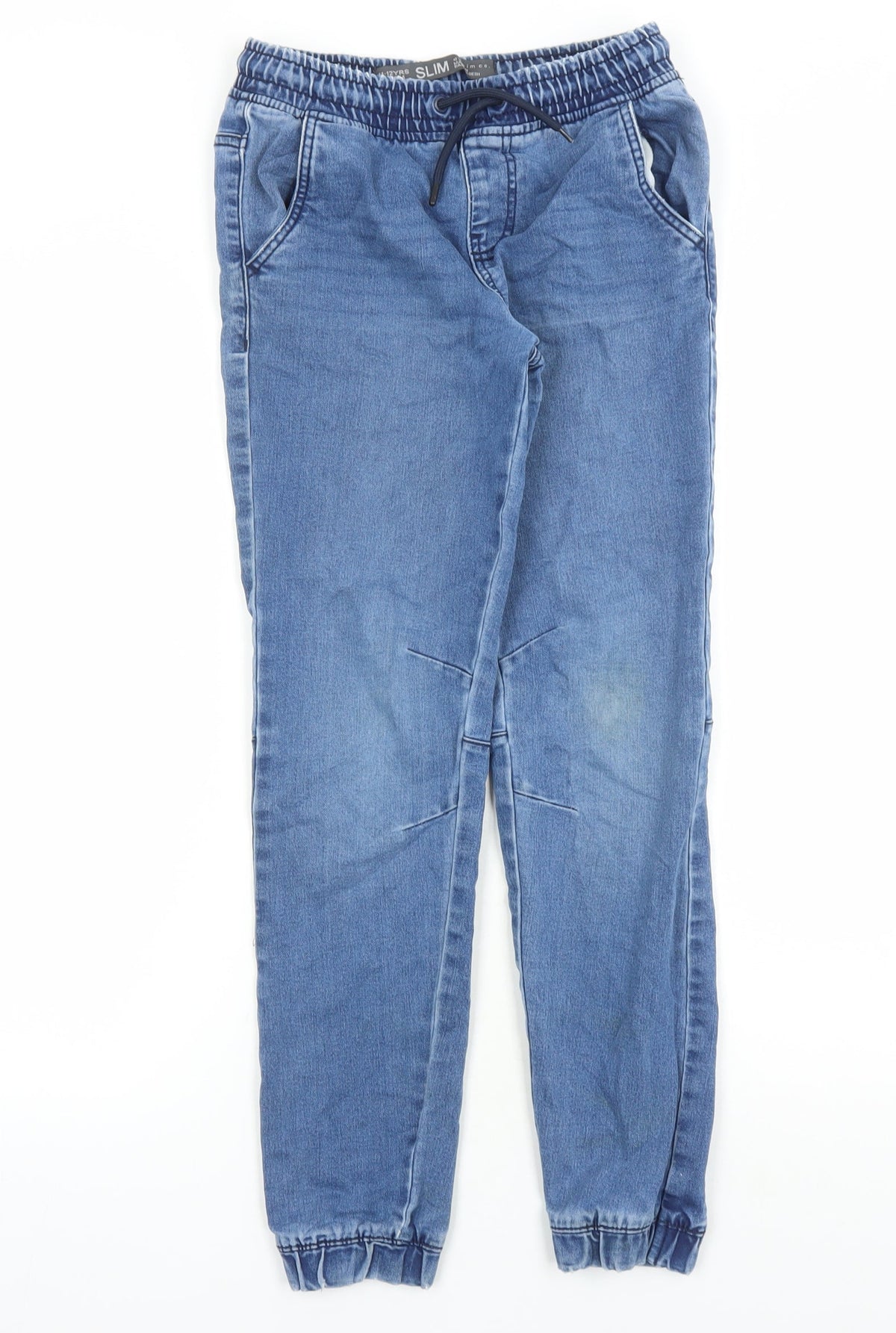 Additional front view of Denim & Co. girls’ blue cotton straight jeans, size 11-12, years slim drawstring - elasticated waist