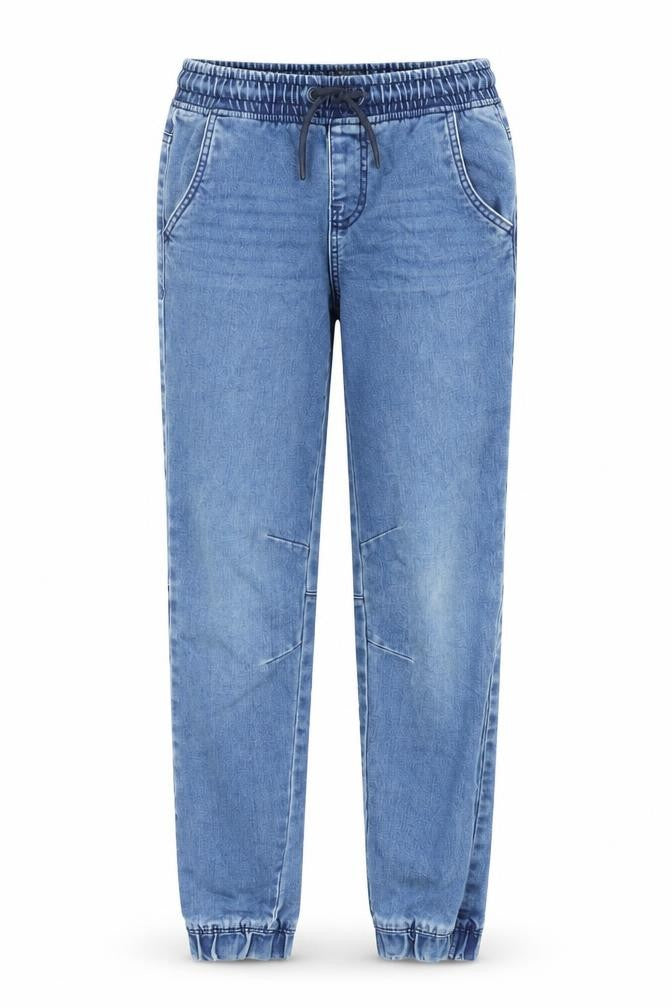 Front view of Denim & Co. girls’ blue cotton straight jeans, size 11-12, years slim drawstring - elasticated waist