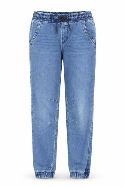 Front view of Denim & Co. girls’ blue cotton straight jeans, size 11-12, years slim drawstring - elasticated waist