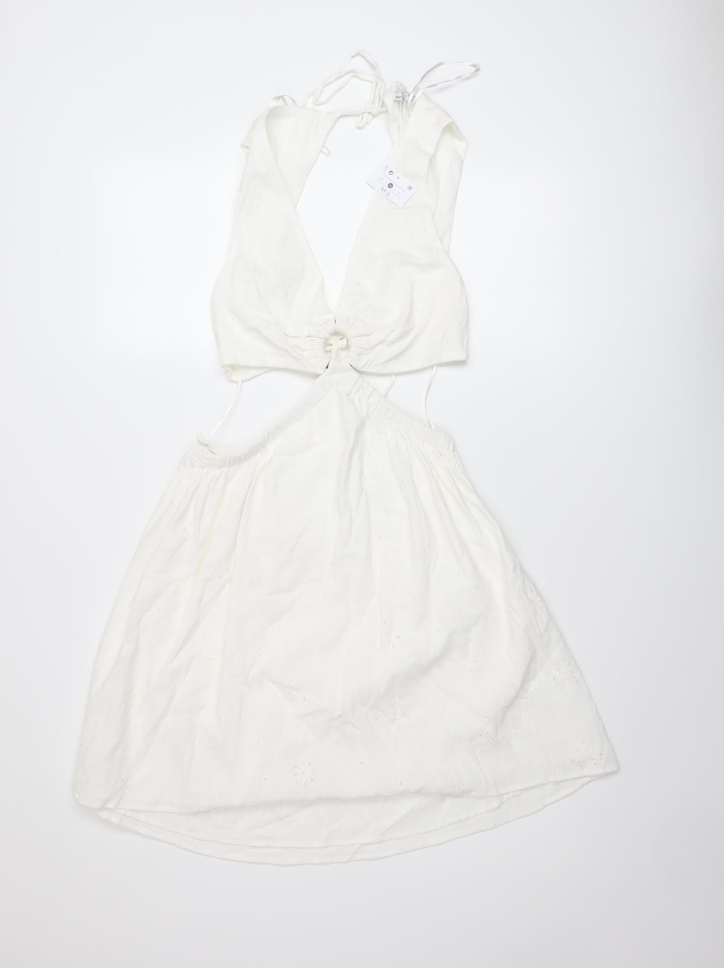 Bershka Womens Ivory Cotton A-Line Size M V-Neck Tie