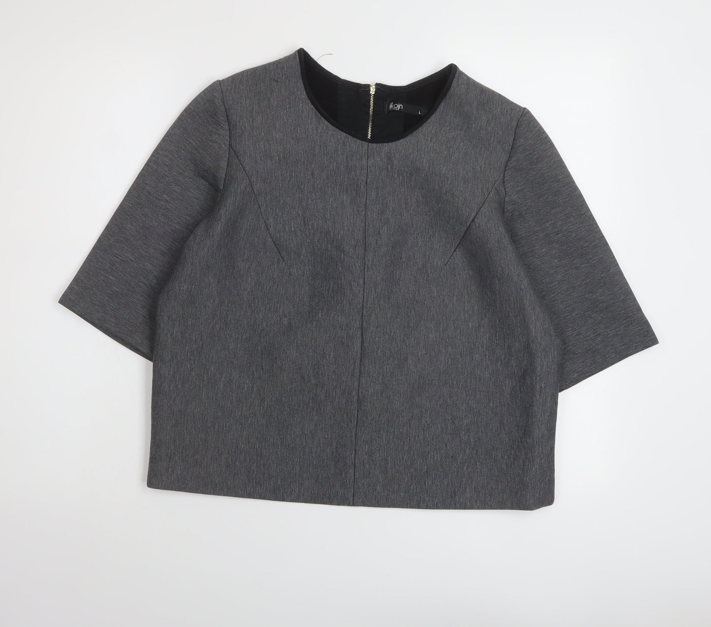 Ikojn Womens Grey Polyester Basic Blouse Size L Round Neck