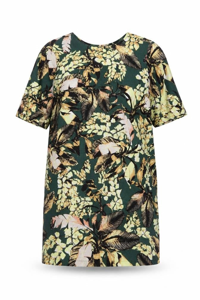 Warehouse Womens Green Floral Polyester A-Line Size 12 Round Neck Button
