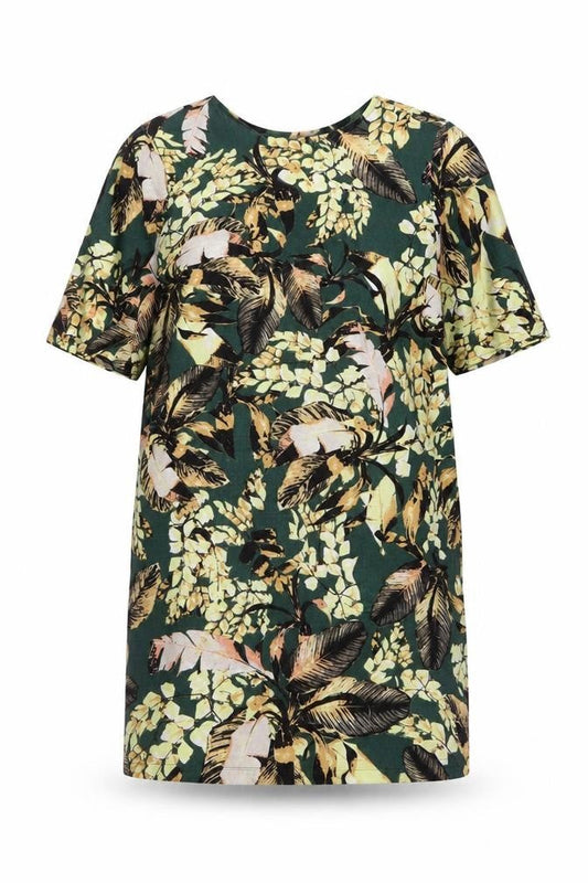 Warehouse Womens Green Floral Polyester A-Line Size 12 Round Neck Button