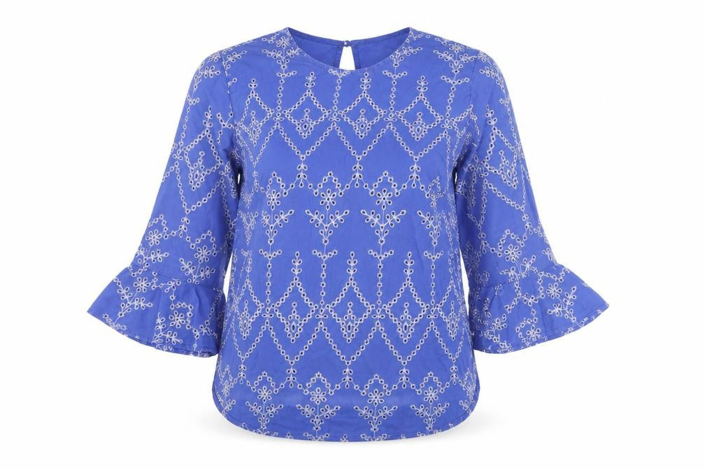 Warehouse Womens Blue Floral Cotton Basic Blouse Size 8 Round Neck