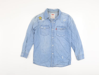 Additional front view of Levi's girls’ blue cotton basic button-up, size 10-11, years collared snap