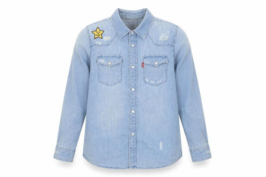 Levi's Girls Blue Cotton Basic Button-Up Size 10-11 Years Collared Snap