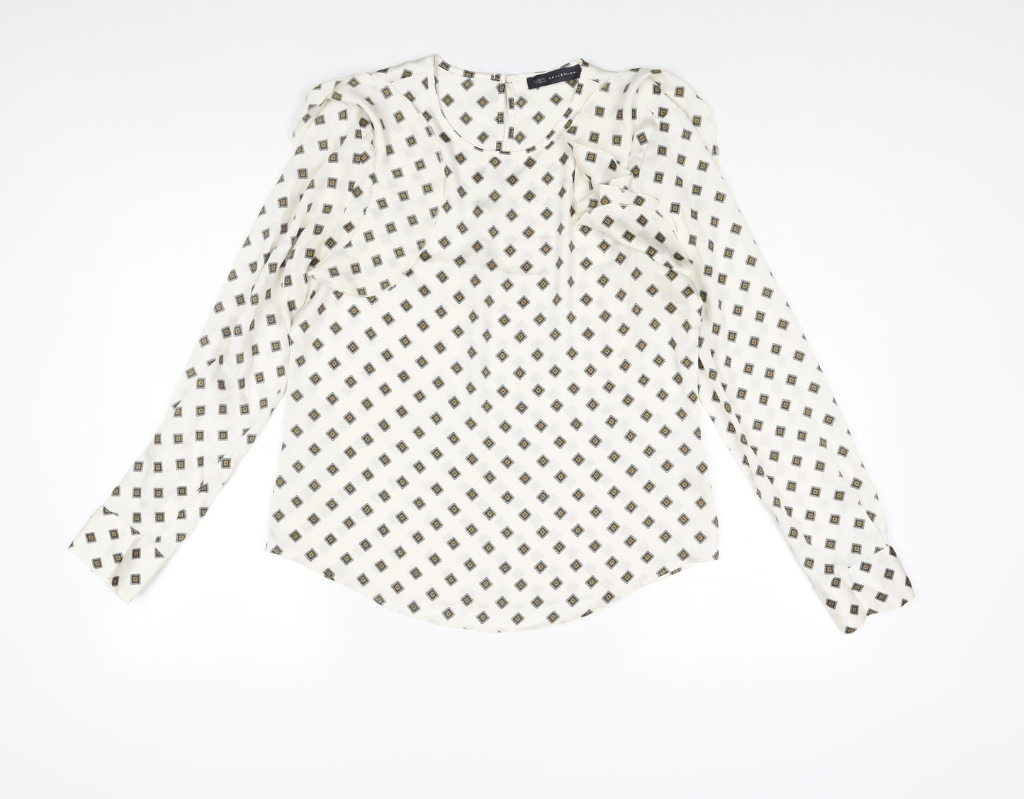 Marks and Spencer Womens Ivory Geometric Polyester Basic Blouse Size 10 Roll Neck - Frill Detail
