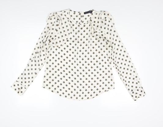 Marks and Spencer Womens Ivory Geometric Polyester Basic Blouse Size 10 Roll Neck - Frill Detail