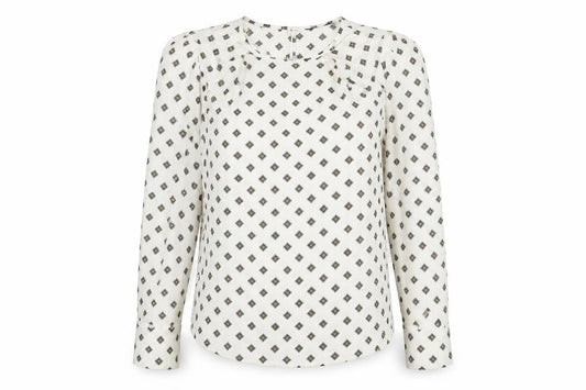 Marks and Spencer Womens Ivory Geometric Polyester Basic Blouse Size 10 Roll Neck - Frill Detail