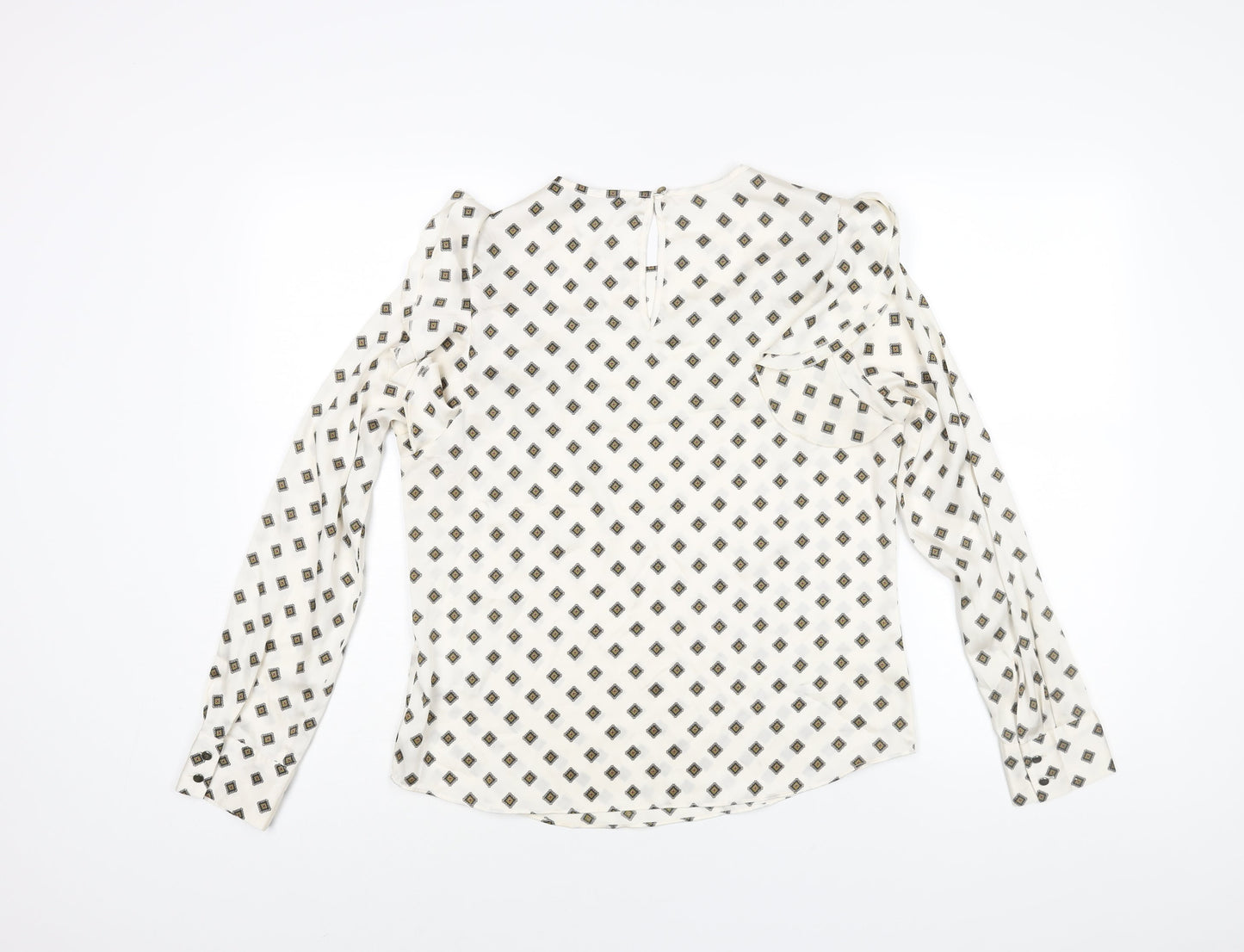 Marks and Spencer Womens Ivory Geometric Polyester Basic Blouse Size 10 Roll Neck - Frill Detail