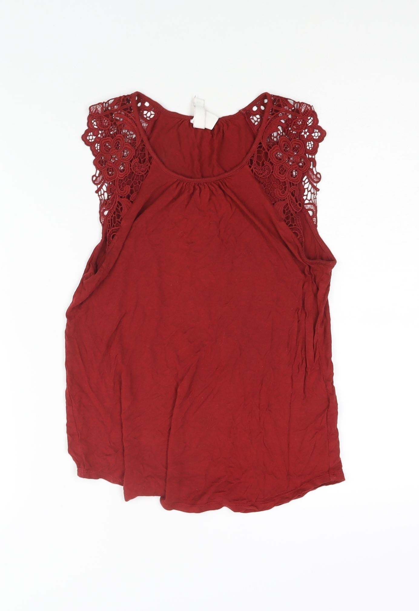 H&M Womens Red Viscose Basic Blouse Size XS Round Neck - Lace Sleeve