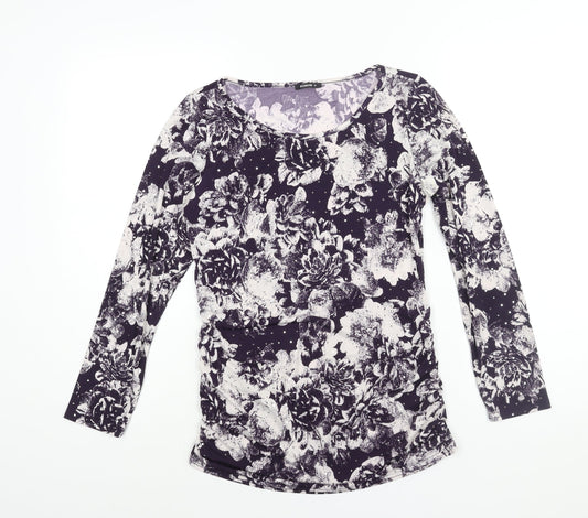 Roman Womens Purple Floral Polyester Basic Blouse Size 10 Round Neck - Sequin Detail Rouched