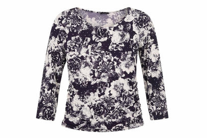 Front view of Roman women’s purple floral polyester basic blouse, size UK 10, round neck - sequin detail rouched