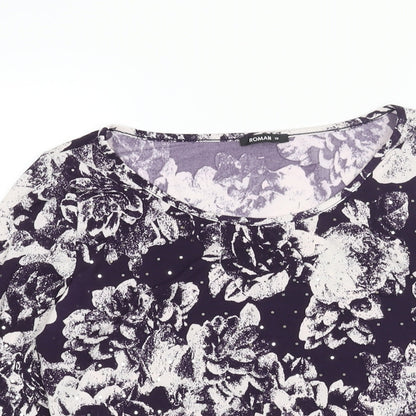 Close-up detail of Roman women’s purple floral polyester basic blouse, size UK 10, round neck - sequin detail rouched