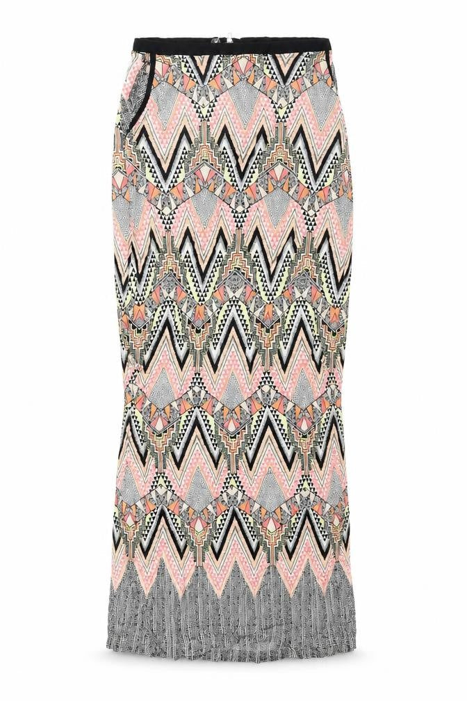 Warehouse Womens Multicoloured Geometric Viscose Maxi Skirt Size 6 Zip - Side Slits