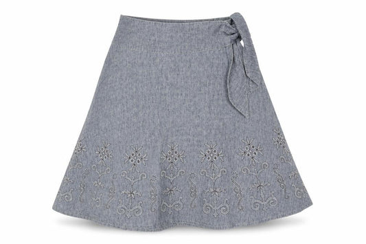 Next Womens Blue Linen Flare Skirt Size 12 Button - Floral Embroidery Tie Detail