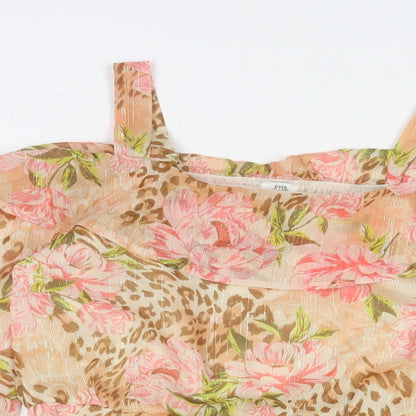 Close-up detail of River Island girls’ beige geometric polyester basic blouse, size 11-12, years square neck pullover