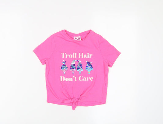 Troll Girls Pink Cotton Basic T-Shirt Size 6-7 Years Crew Neck Pullover - Sequin