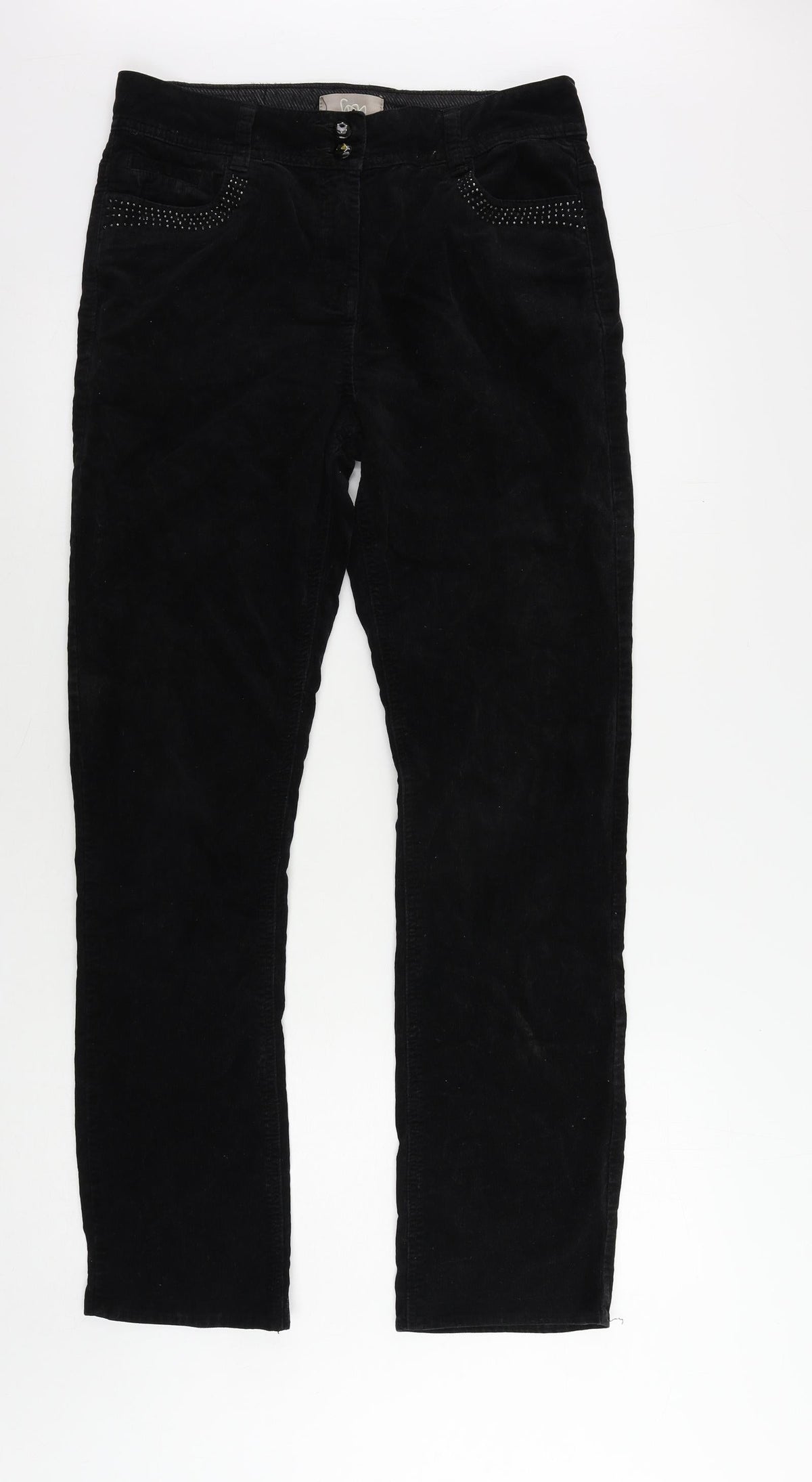 Additional front view of Soon women’s black cotton trousers, size UK 10, 32-inch leg regular zip - embellished