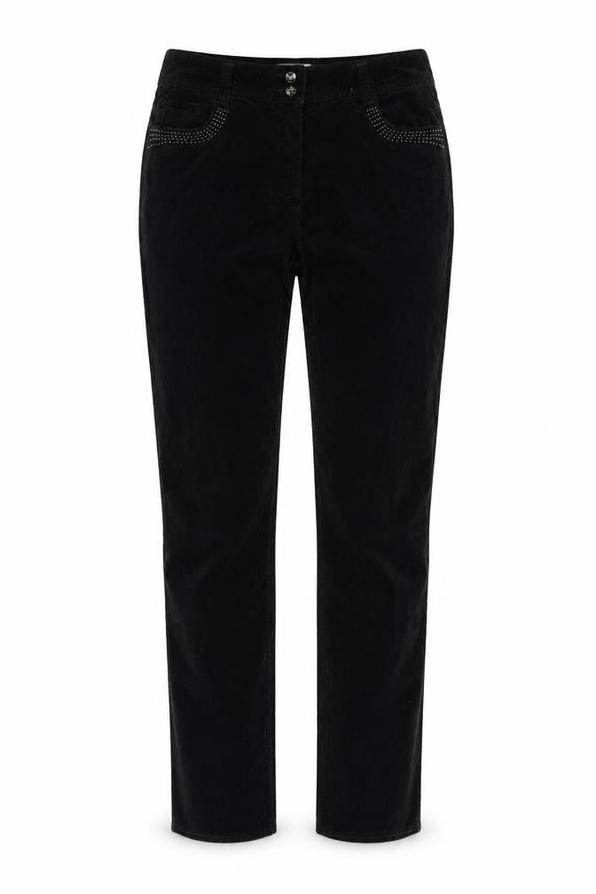 Front view of Soon women’s black cotton trousers, size UK 10, 32-inch leg regular zip - embellished