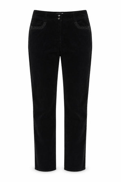 Front view of Soon women’s black cotton trousers, size UK 10, 32-inch leg regular zip - embellished