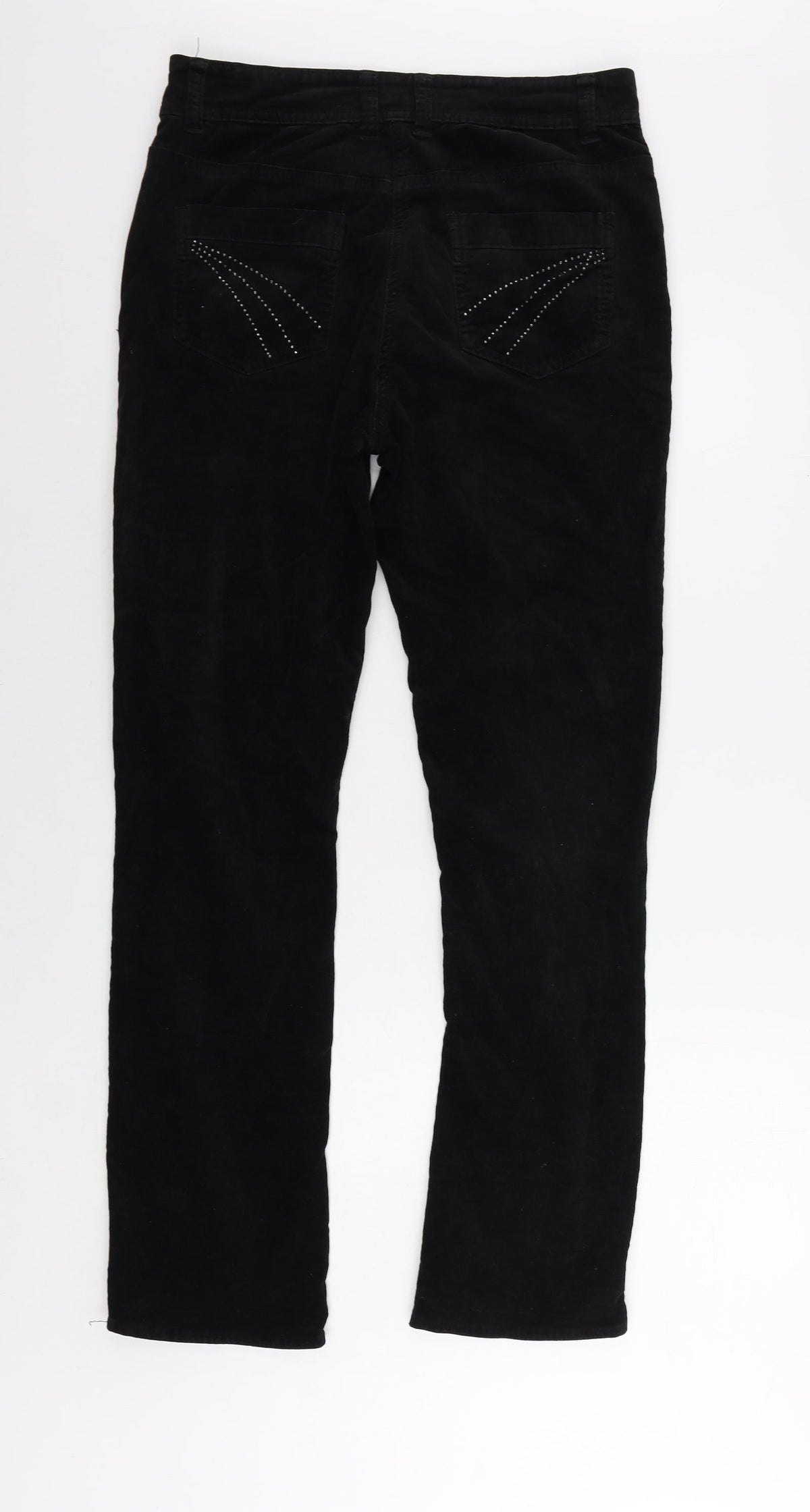 Back view of Soon women’s black cotton trousers, size UK 10, 32-inch leg regular zip - embellished