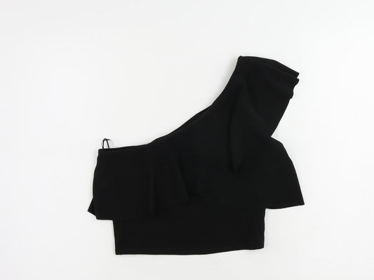 Stradivarius Womens Black Polyester Cropped Blouse Size M One Shoulder - Ruffle